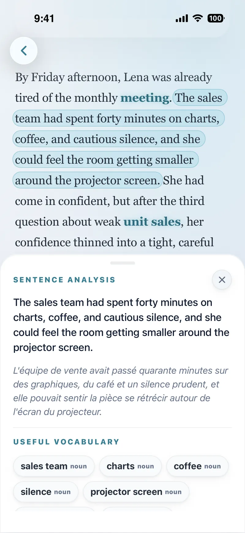 Der Leseassistent, geöffnet auf einem Satz der Geschichte, mit einer französischen Übersetzung und nützlichem Wortschatz wie sales team, charts und projector screen.