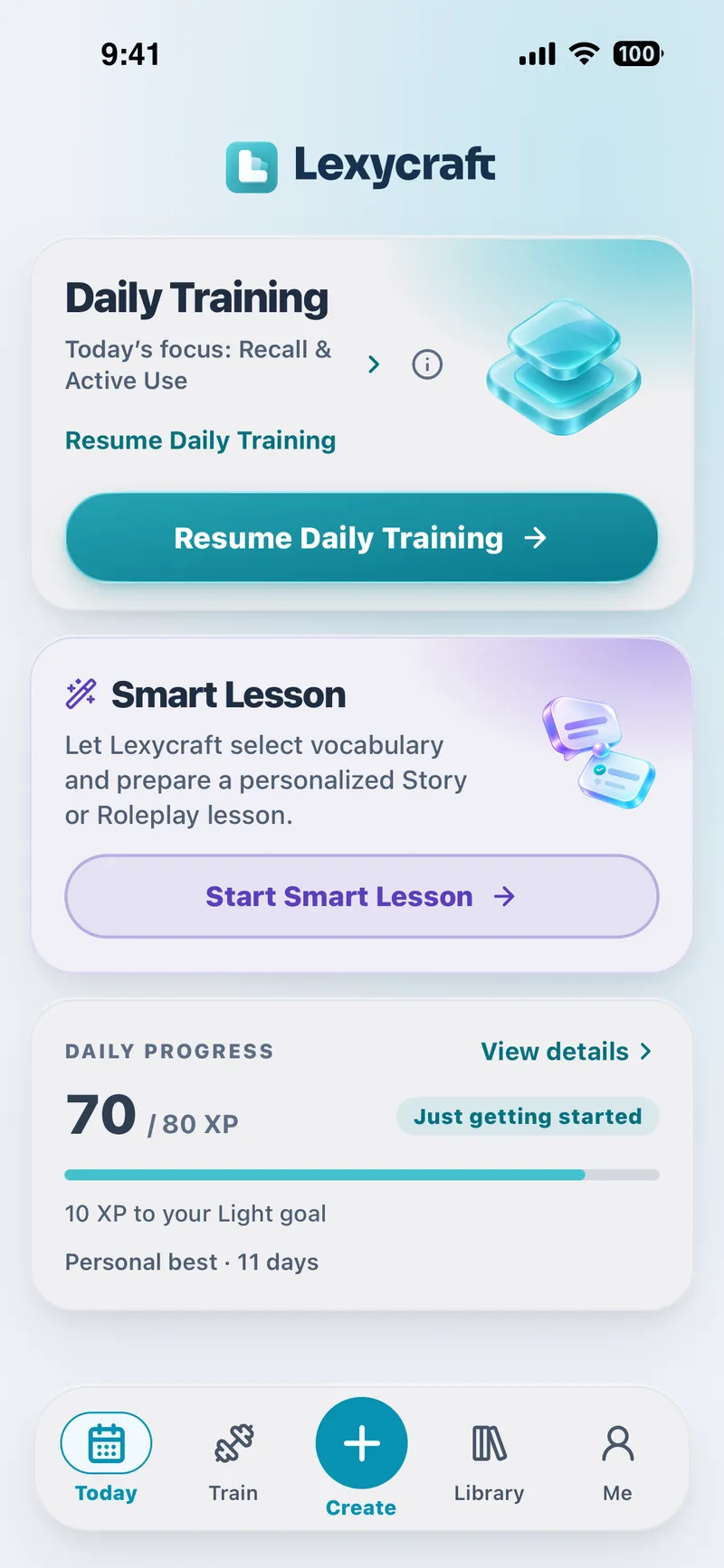 Der Heute-Bildschirm von Lexycraft auf dem iPhone: Tägliches Training mit dem heutigen Fokus Abrufen und Aktive Anwendung, eine Karte für die Smarte Lektion und der Tagesfortschritt bei 70 von 80 XP.